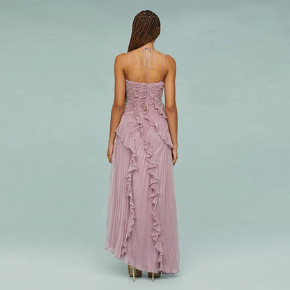 Purple Ruffle Backless Evening Dress