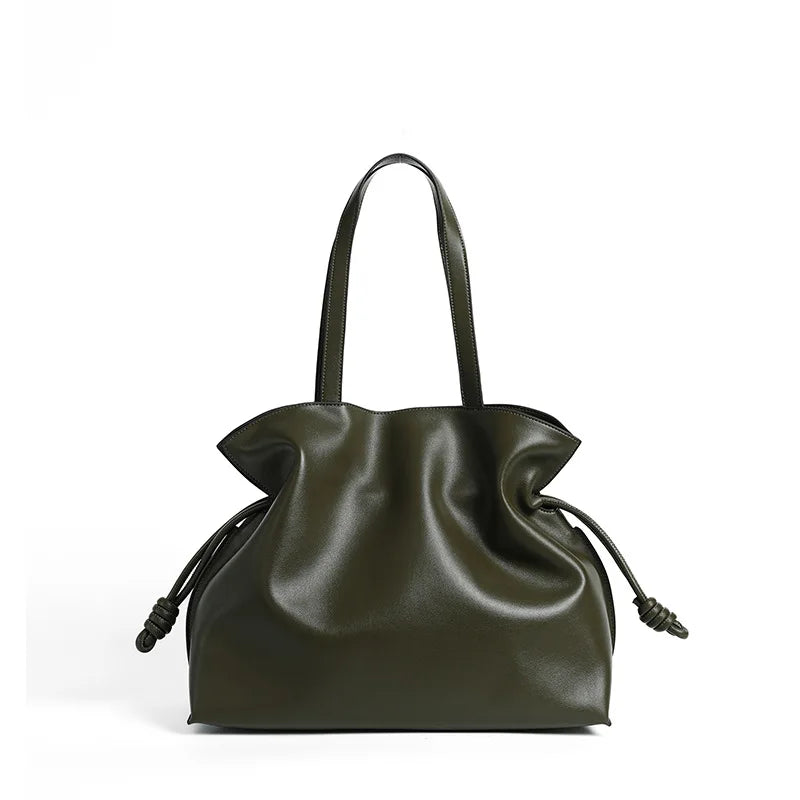 Soft Leather Pleated Bucket Tote Bag