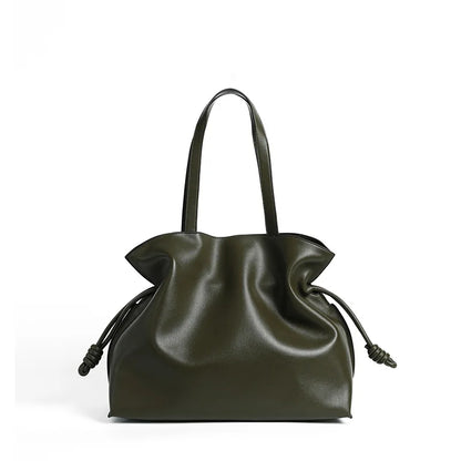 Soft Leather Pleated Bucket Tote Bag