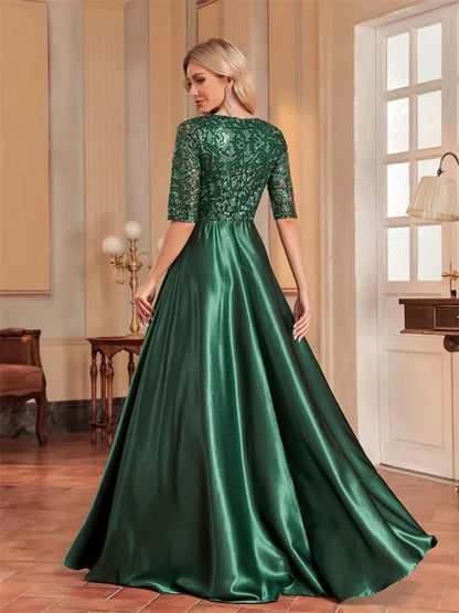 Elegant Green Satin Sequin Evening Dress