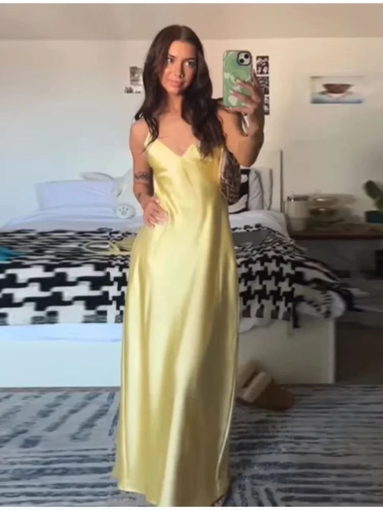 TRAFZA Summer Yellow Satin Maxi Dress