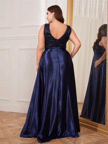 Plus Size Satin Sequin Evening Dress