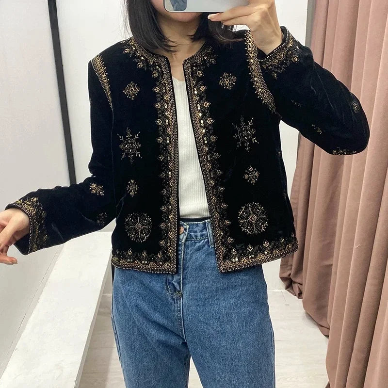 Embroidered Velvet Cardigan