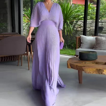 Elegant V-Neck Pleated Maxi Dress