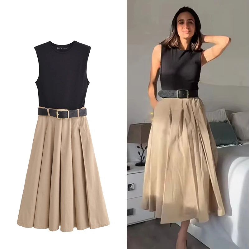 Pleated Belted Midi Dress