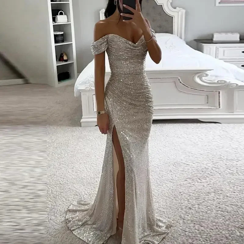 Luxury Sequins Sparkling Off-Shoulder Party Dress