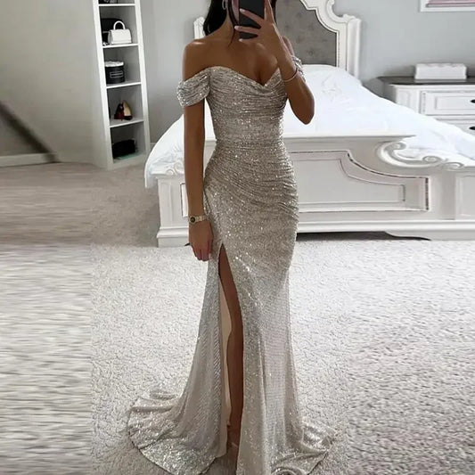 Luxury Sequins Sparkling Off-Shoulder Party Dress