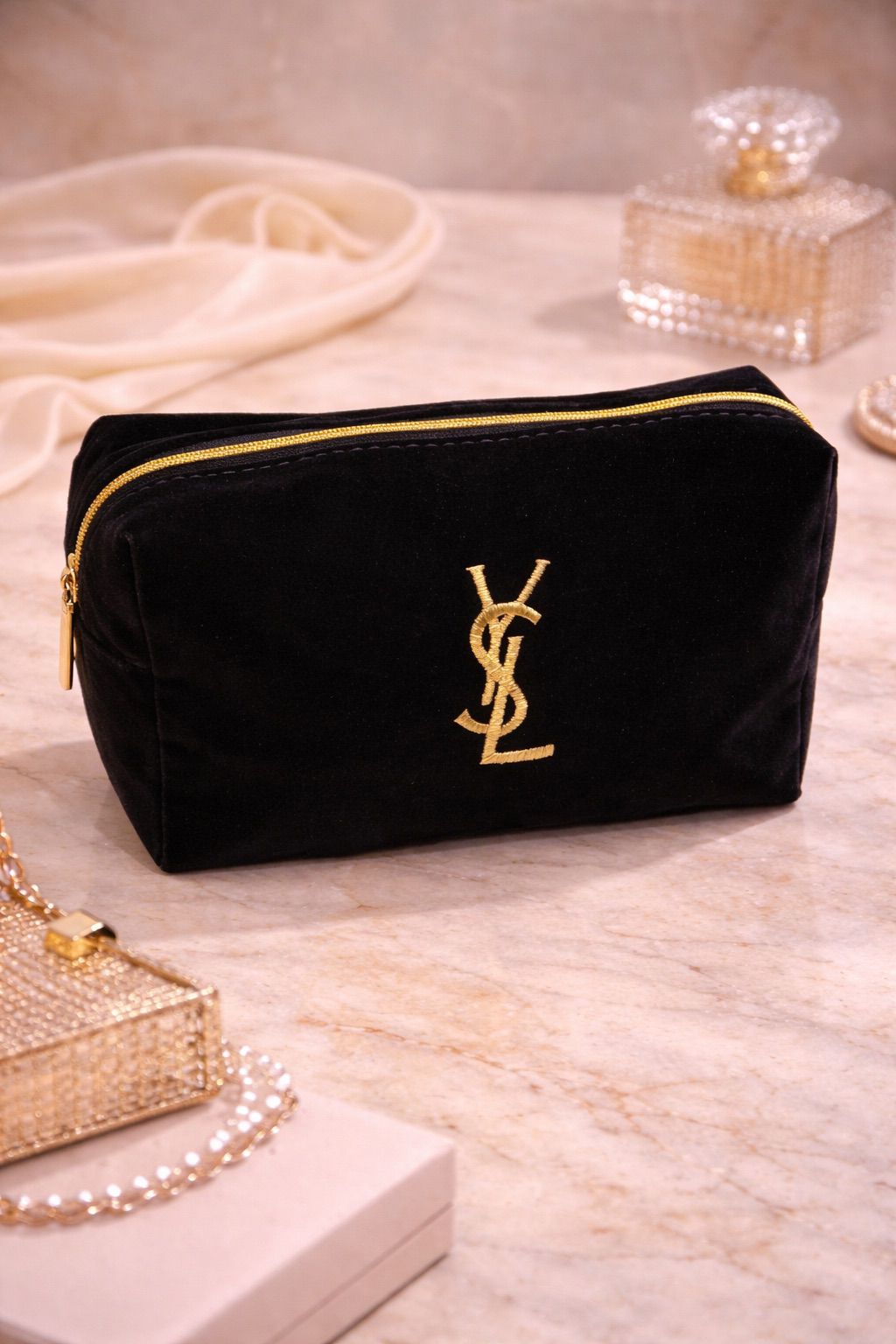 YSL Velvet Cosmetic Pouch (GWP) – Luxe Black & Gold
