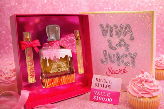 Juicy Couture Viva La Juicy Sucré 3PC Perfume Gift Set (3.4 oz + 2 Travel Sprays) – Sweet Gourmand Fragrance