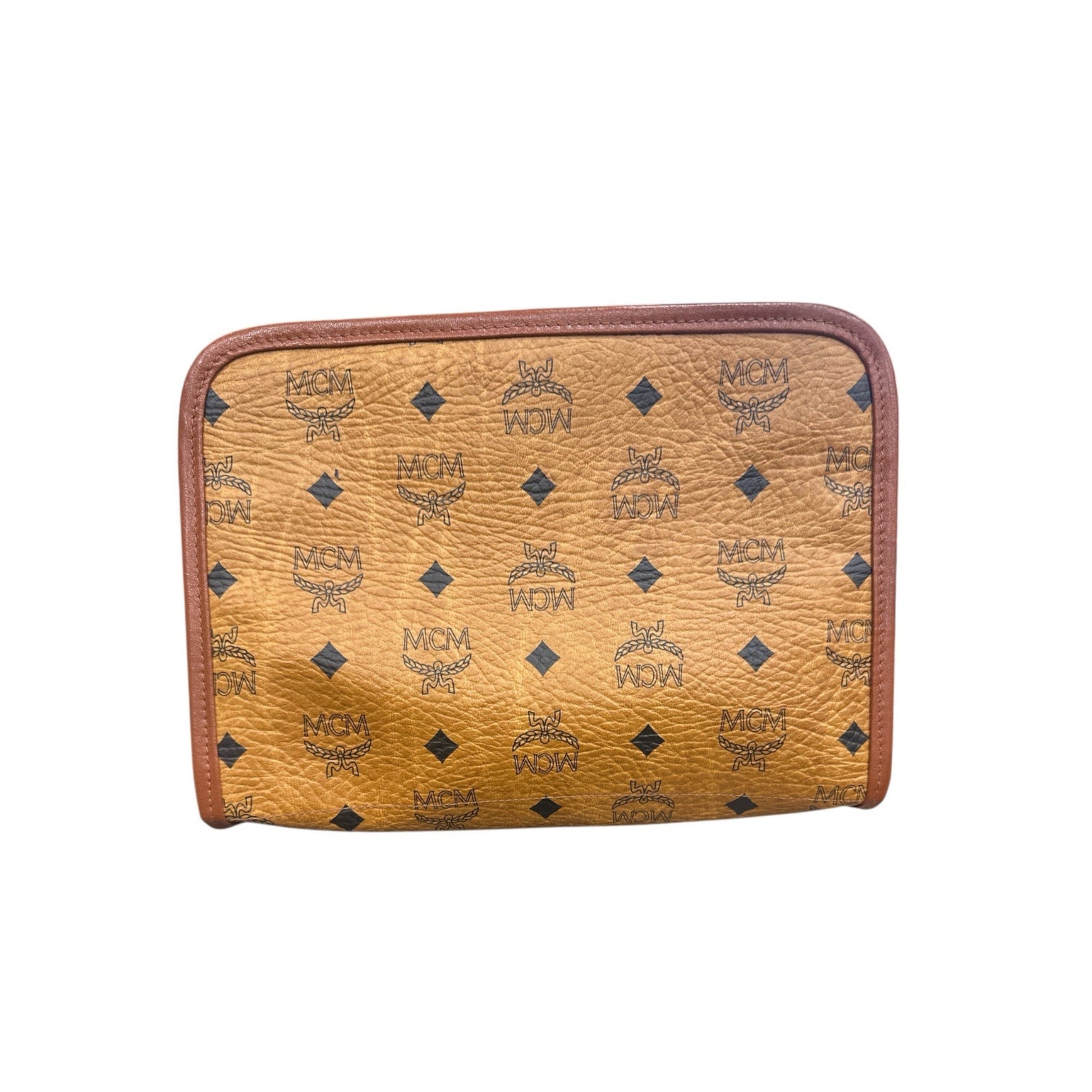 Brown leather pouch with visible brand logo on a white background