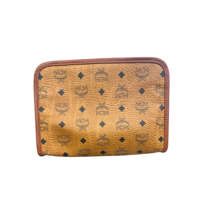 Brown leather pouch with visible brand logo on a white background