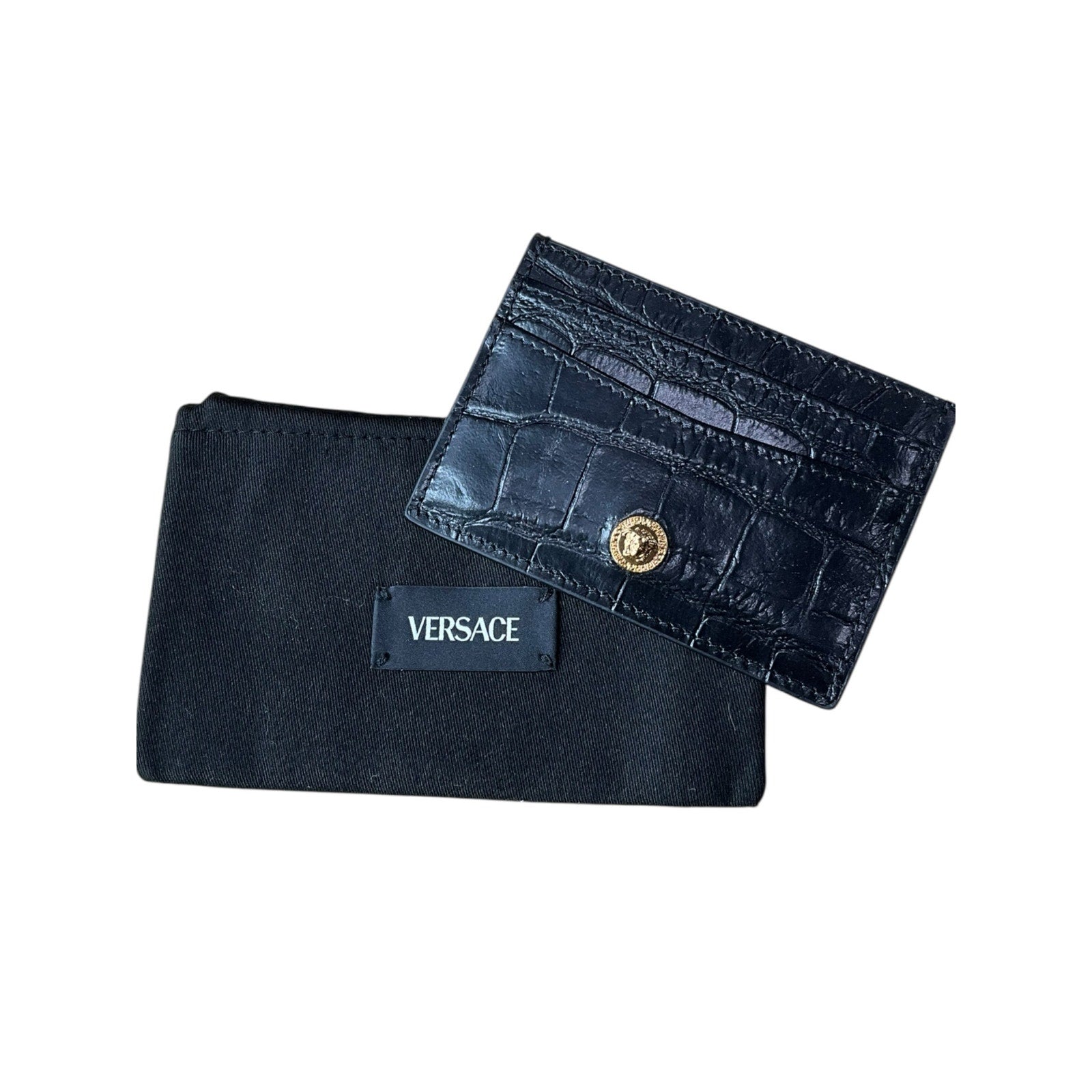 Authentic Versace Black Croc-Embossed Calf Leather Card Holder