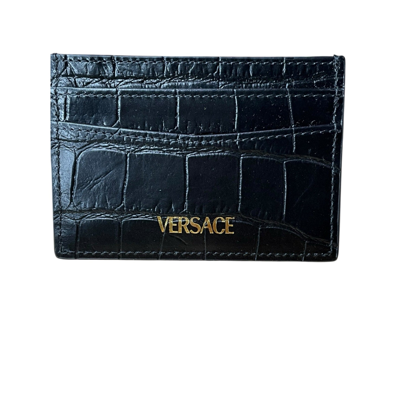 Authentic Versace Black Croc-Embossed Calf Leather Card Holder