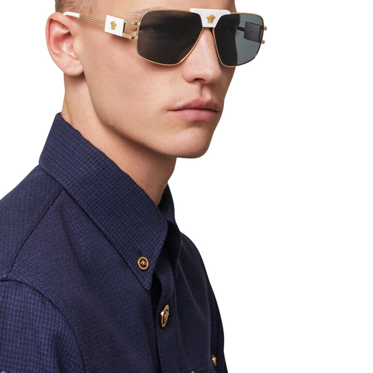 VERSACE Medusa NAVIGATOR Gold Stud White Aviator Unisex Sunglasses VE2251 2251