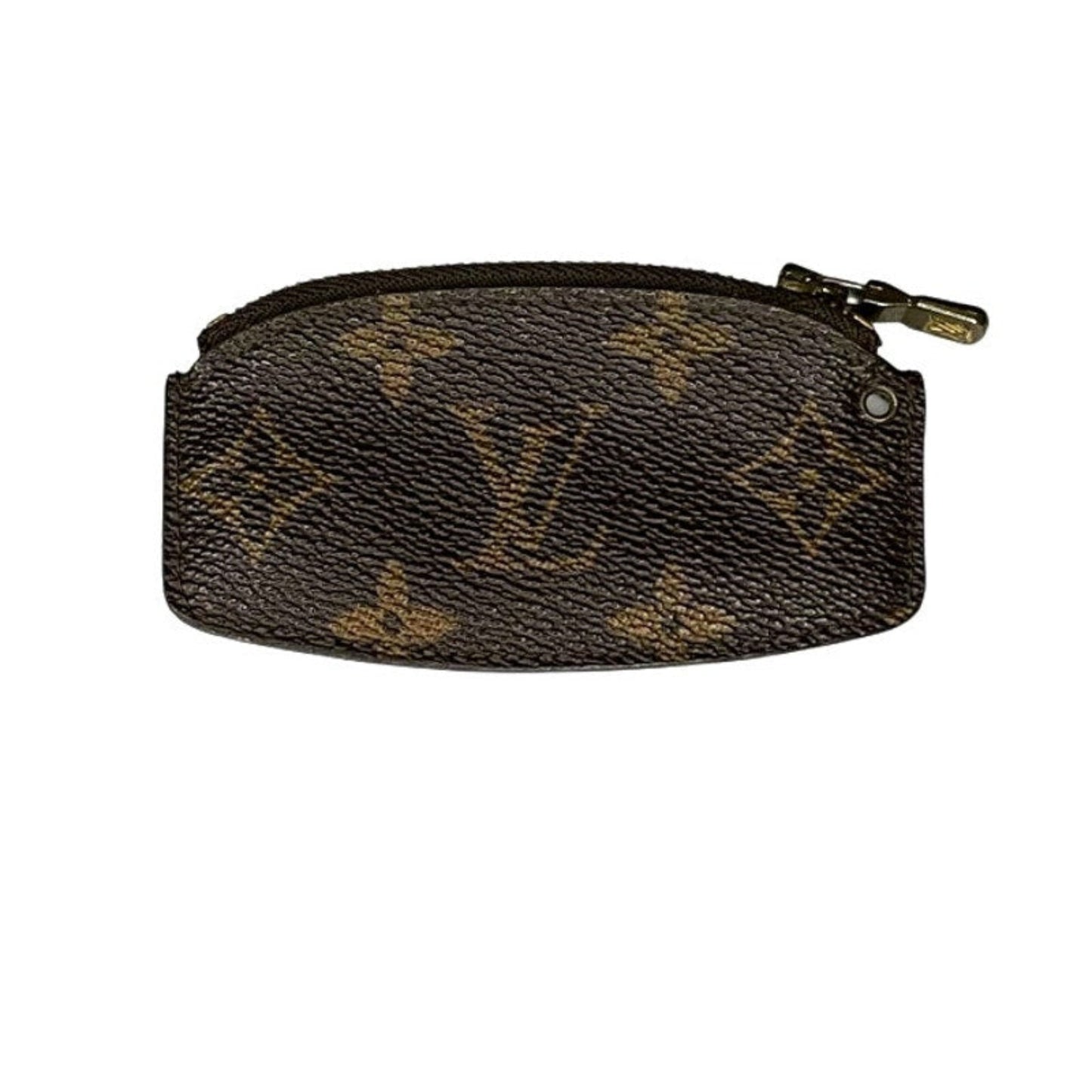 Designer pouch with monogram pattern on a white background