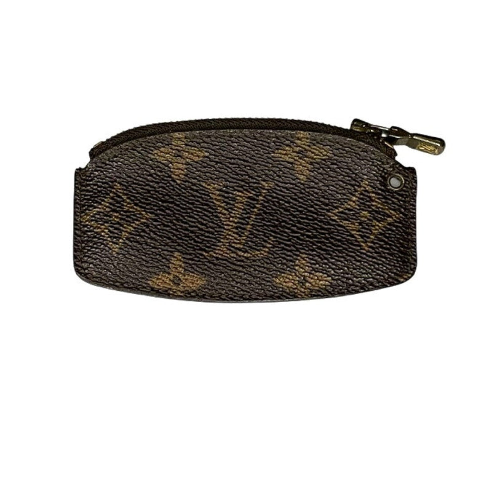 Designer pouch with monogram pattern on a white background