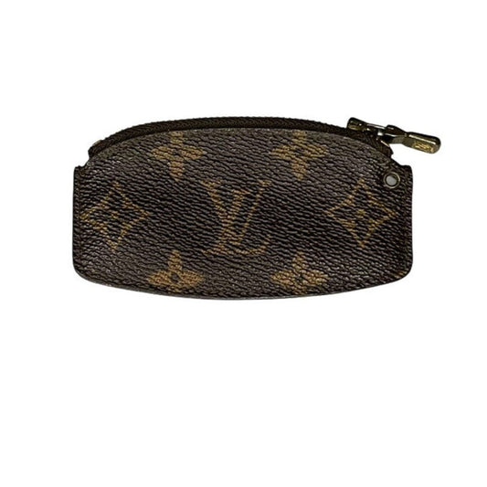 Designer pouch with monogram pattern on a white background
