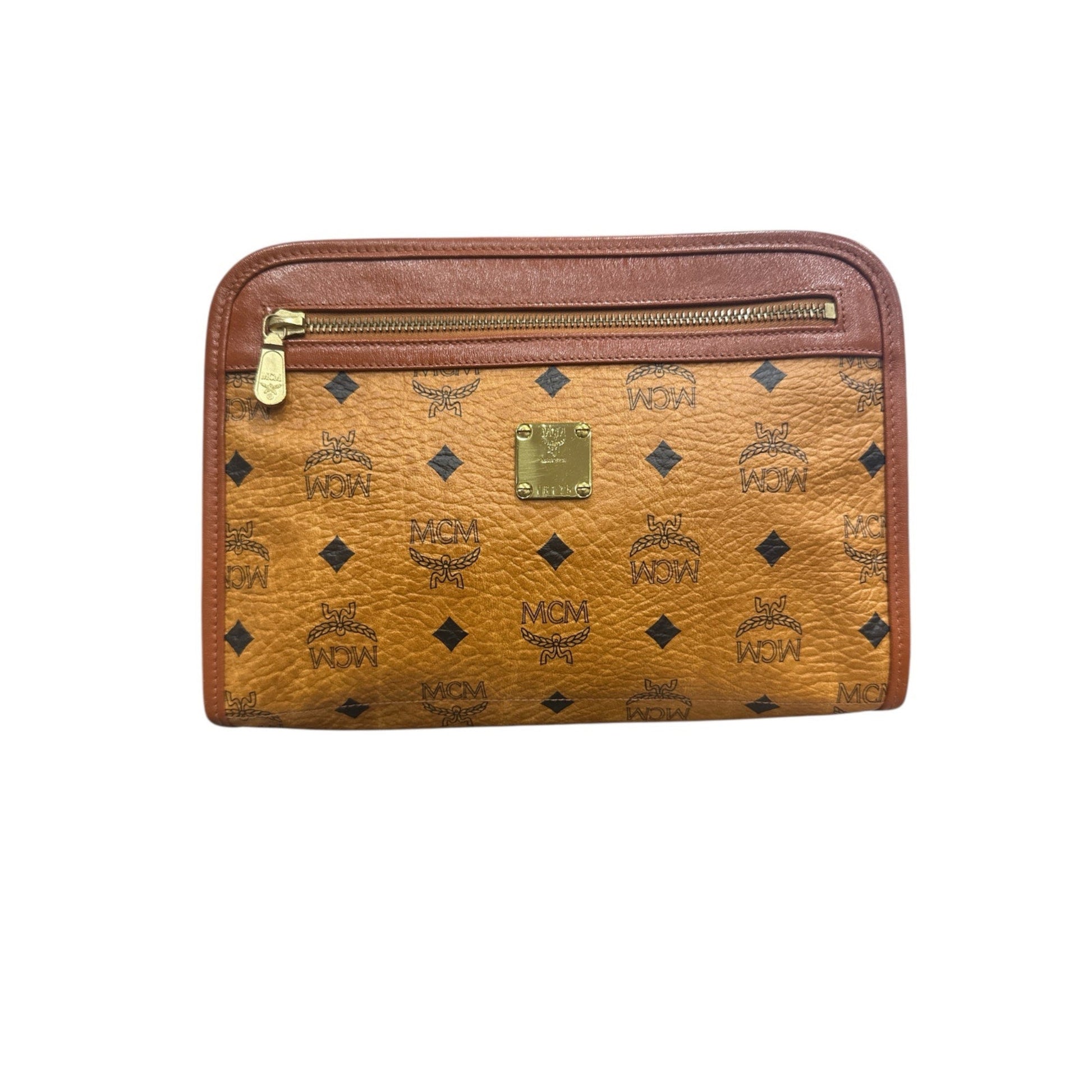 Brown leather wallet with gold zipper and logo pattern on a white background
