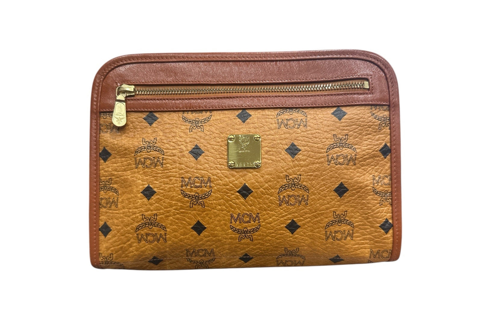 Brown leather wallet with gold zipper and logo pattern on a white background