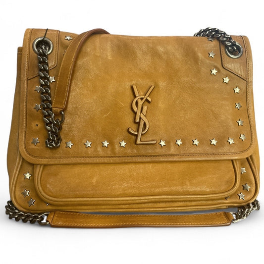 YSL Calfskin Star Studded Medium Niki Chain Satchel Brown