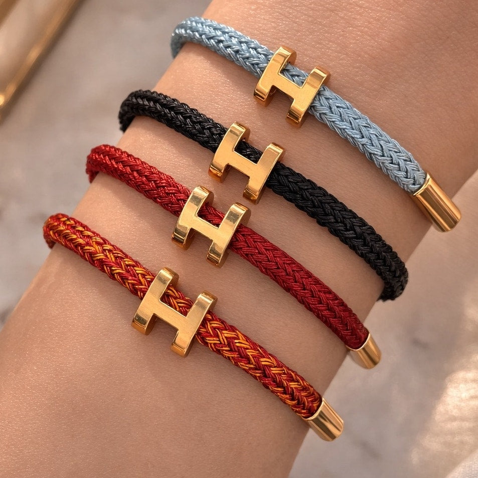 H Buckle Rope Bracelet – Adjustable Gold Tone Clasp Minimal Bracelet