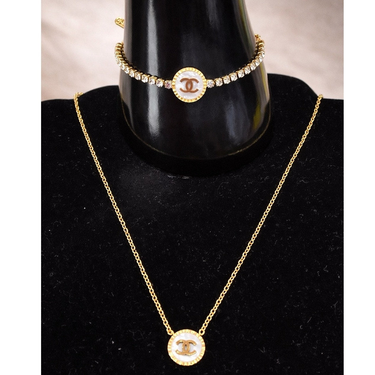 Gold Tone Pendant Necklace & Crystal Bracelet Set – Elegant Matching Jewelry