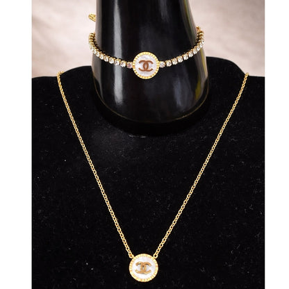 Gold Tone Pendant Necklace & Crystal Bracelet Set – Elegant Matching Jewelry