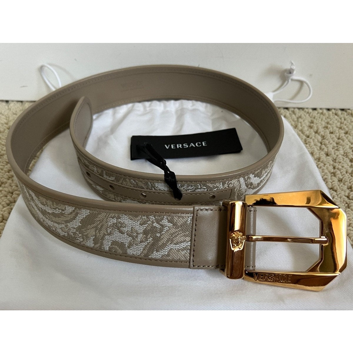 Versace Medusa Heritage Barocco Jacquard Logo Buckle Leather Belt