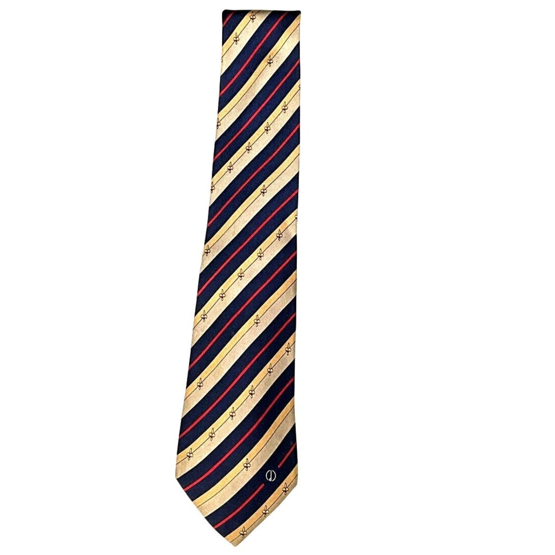 Striped tie with navy, red, and beige colors on a white background