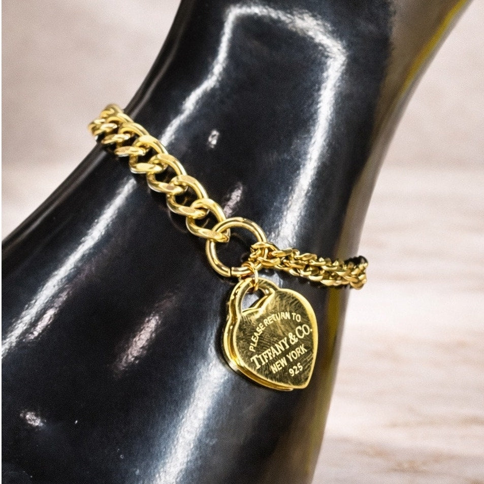 Gold Tone Heart Tag Charm Chain Bracelet – Classic Link Style