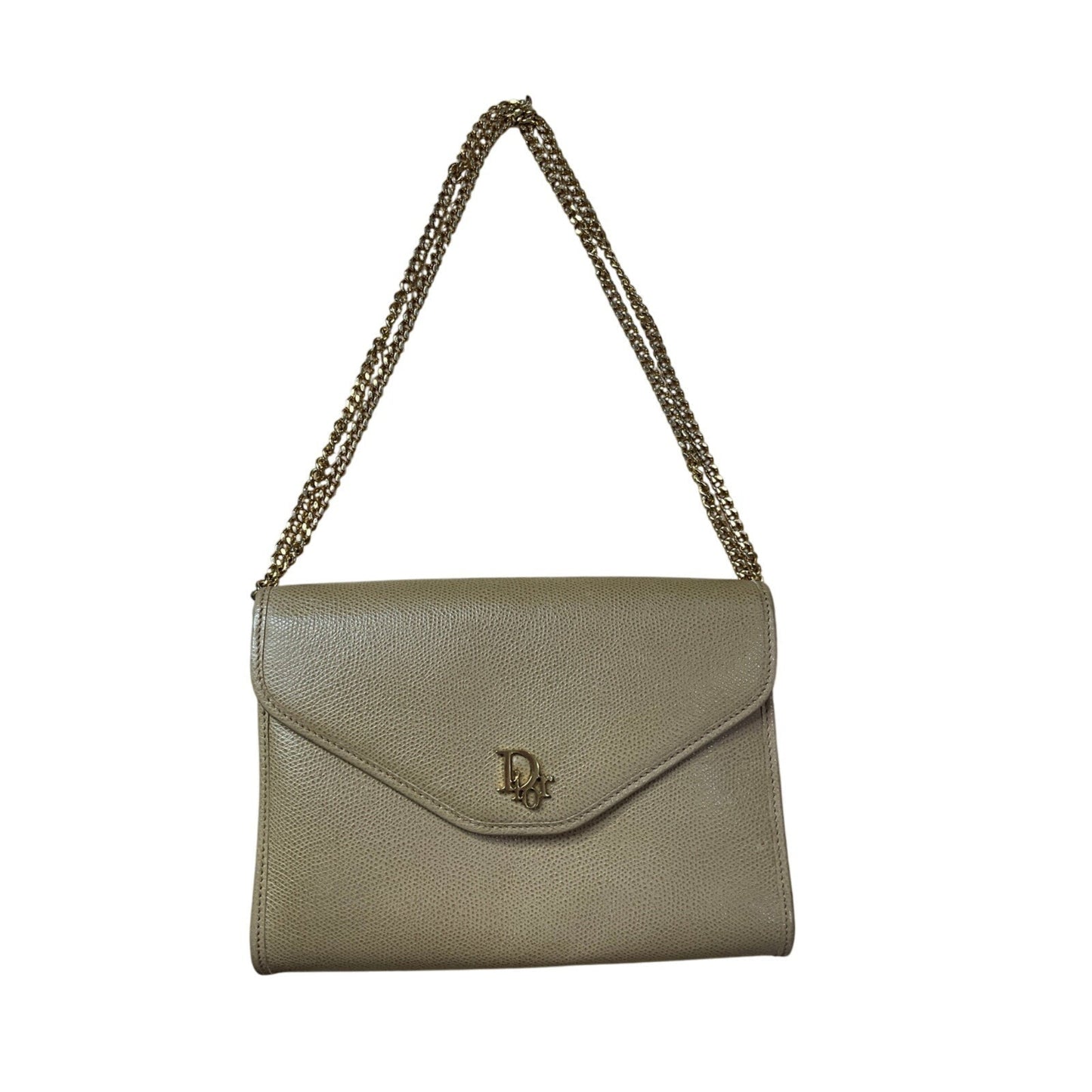 Green handbag with a chain strap on a white background