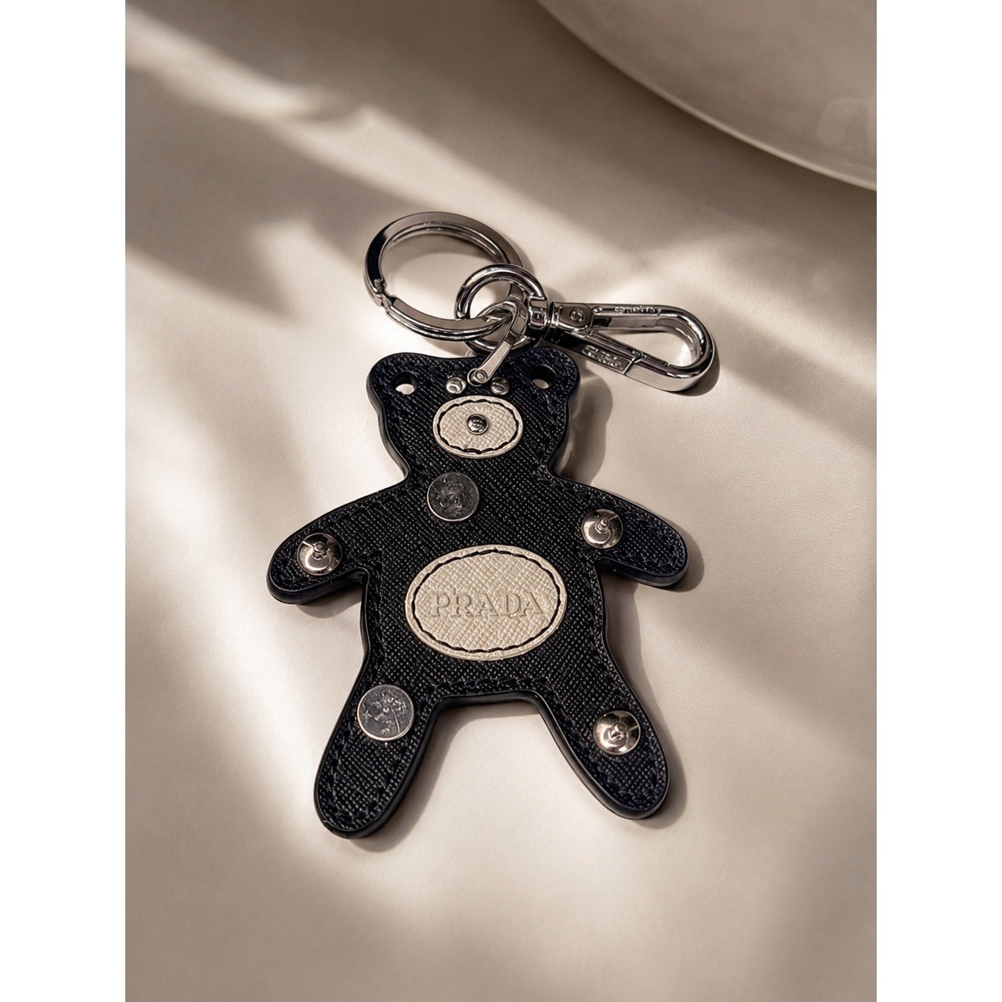 Authentic Prada Saffiano Leather Teddy Bear Bag Charm / Key Ring – Black & White