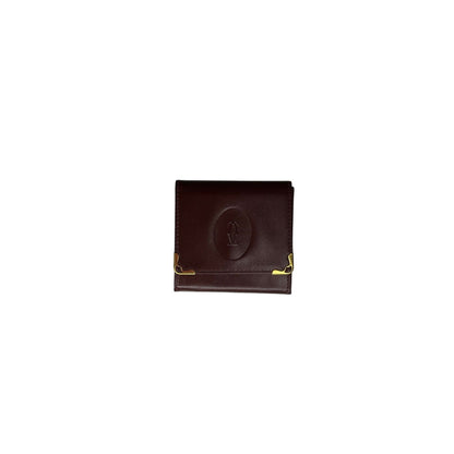 Brown leather wallet with gold accents on a white background