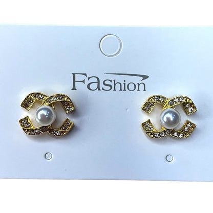 Double C Style Pearl Stud Earrings – Rhinestone Fashion Jewelry