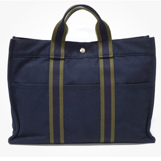 Hermes Navy/Green Toile Fourre-Tout MM Tote Bag