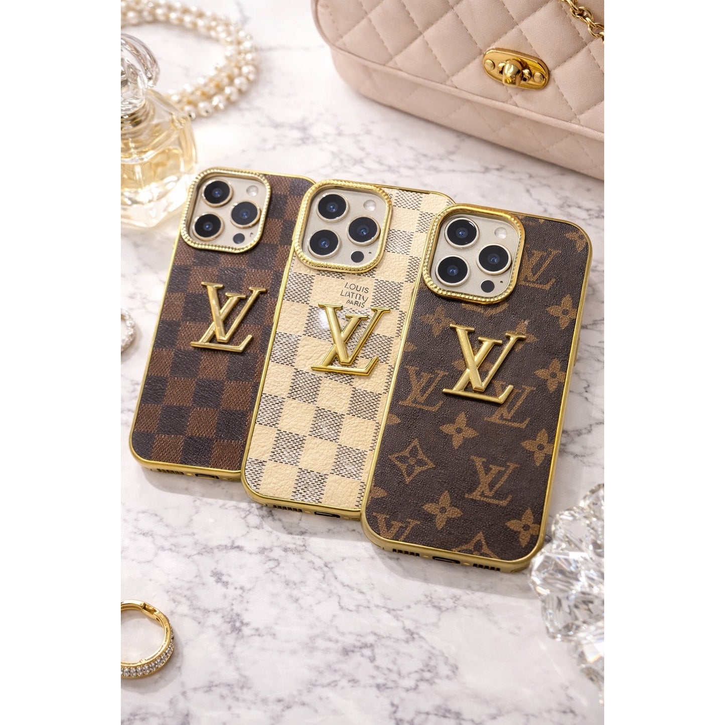 Luxury Inspired Checkered iPhone Case (Gold Trim) – iPhone