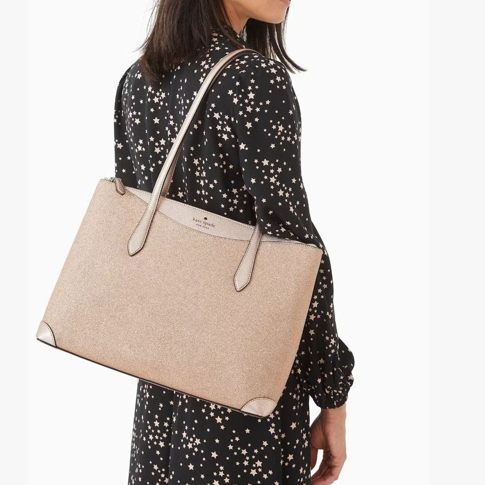 Kate Spade New York Lola Glitter Shimmy Glitter Tote Large Purse Bag Rose Gold