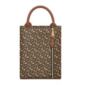 Brown patterned tote bag with leather handles on a white background