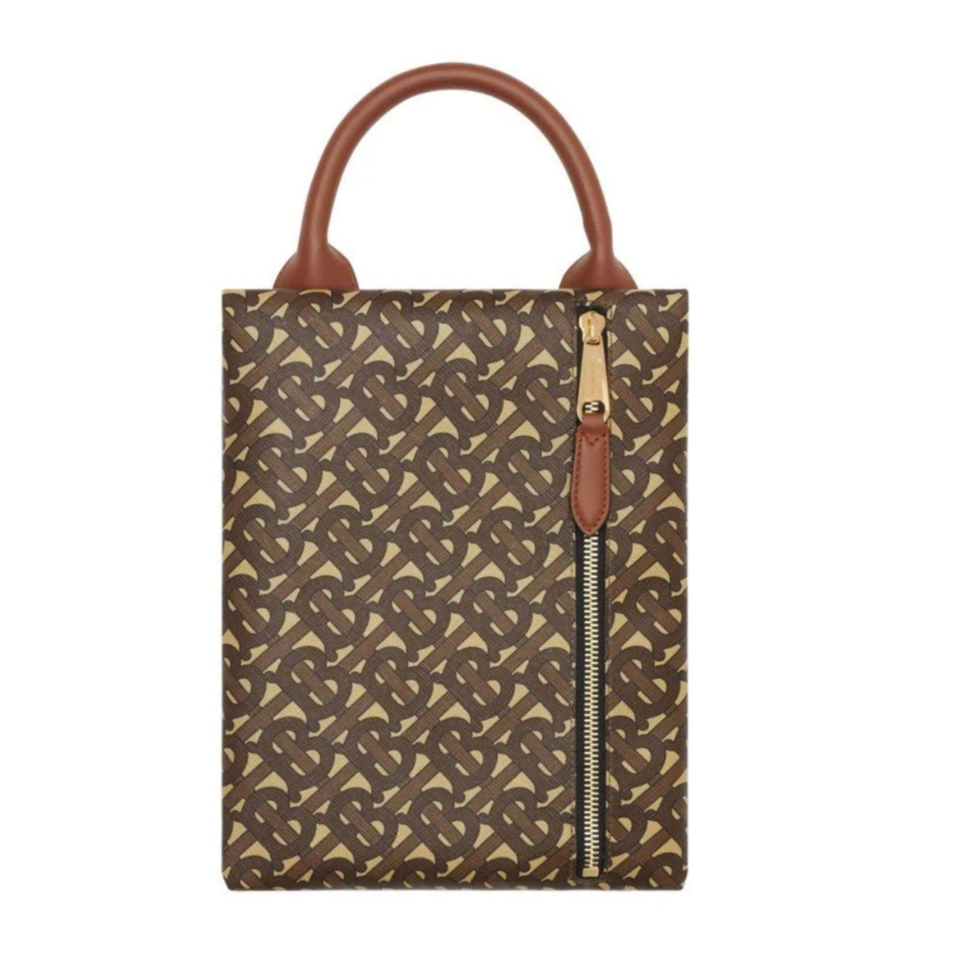 Brown patterned tote bag with leather handles on a white background