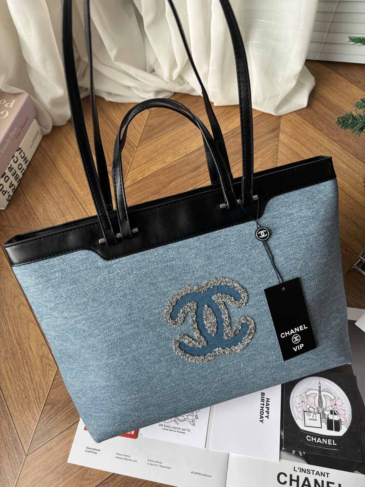 Chanel GWP Denim Tote Bag – Blue Denim with Black Leather Trim