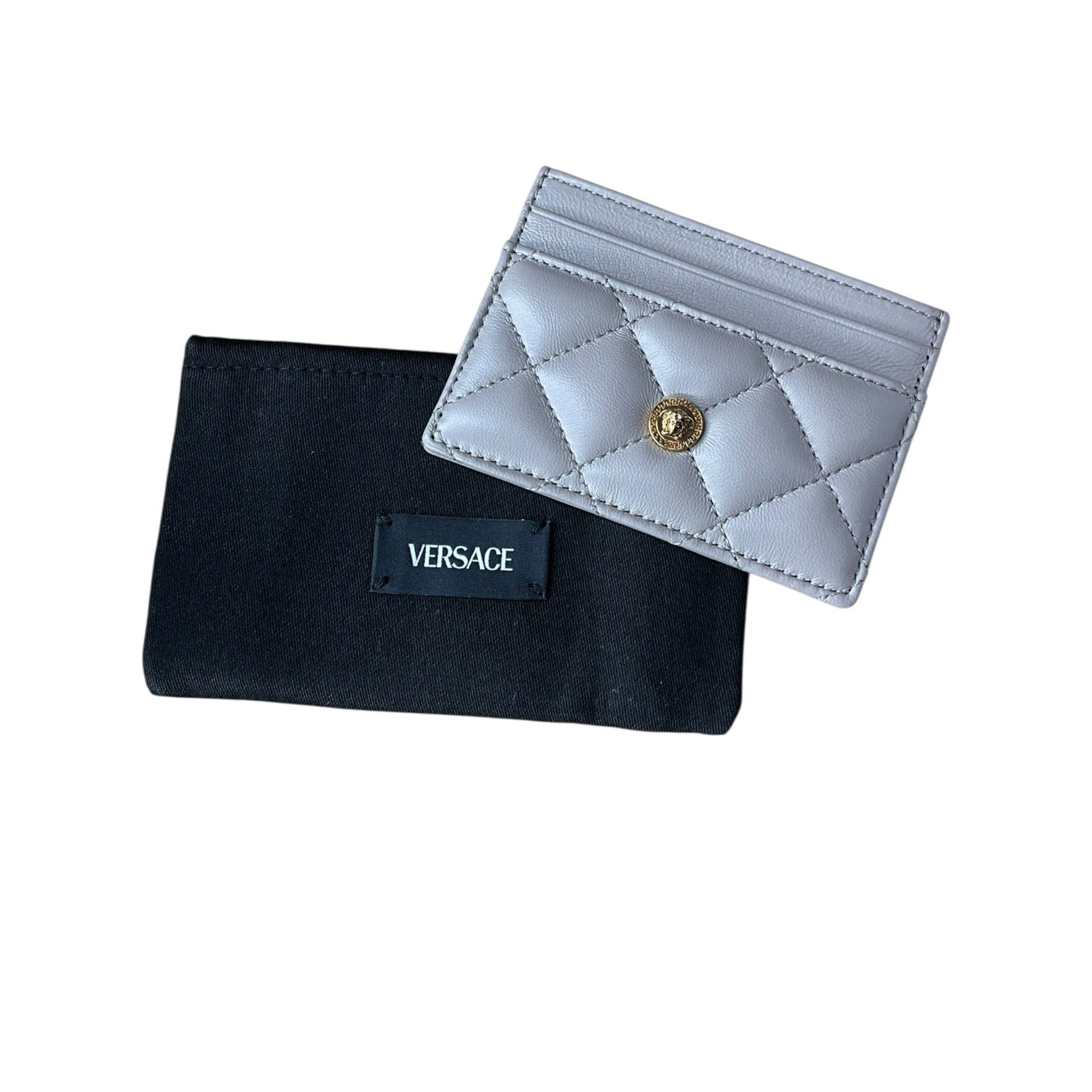 Authentic Versace Champagne Quilted Lamb Leather Card Holder