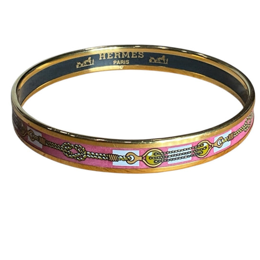 Hermes Paris Pink Enamel Gold Bangle Bracelet with Box