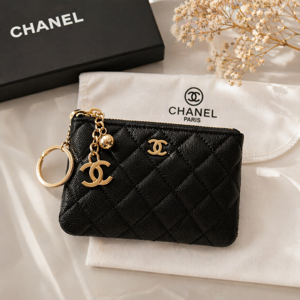 GWP Chanel Pebbled Coin Pouch Keychain Wallet – Gold or Silver Hardware