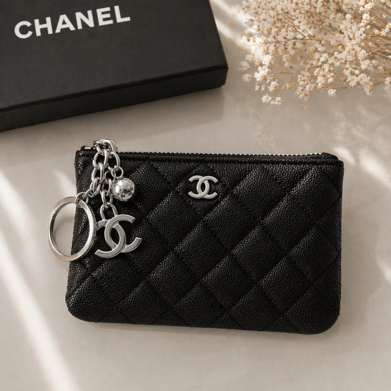 GWP Chanel Pebbled Coin Pouch Keychain Wallet – Gold or Silver Hardware