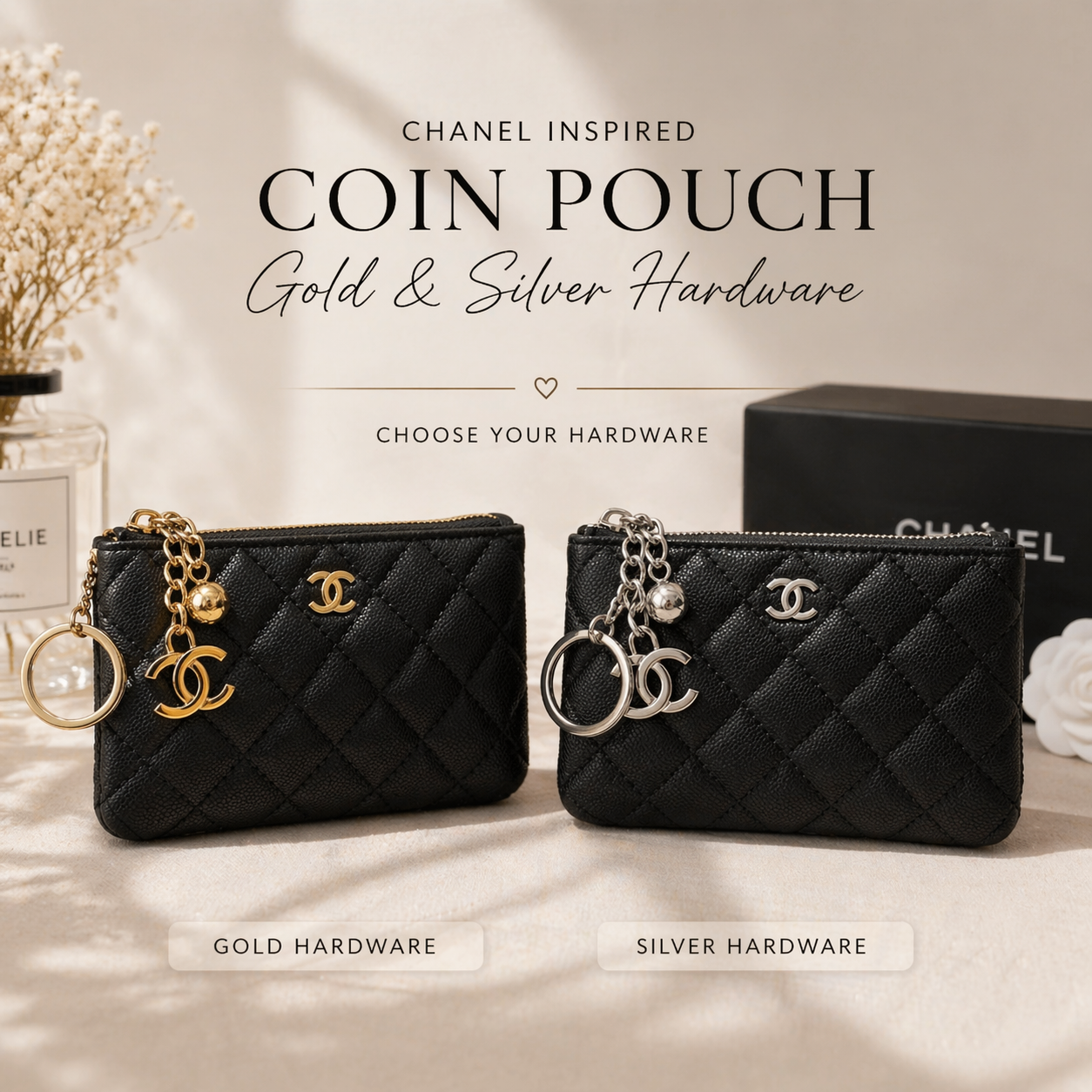 GWP Chanel Pebbled Coin Pouch Keychain Wallet – Gold or Silver Hardware
