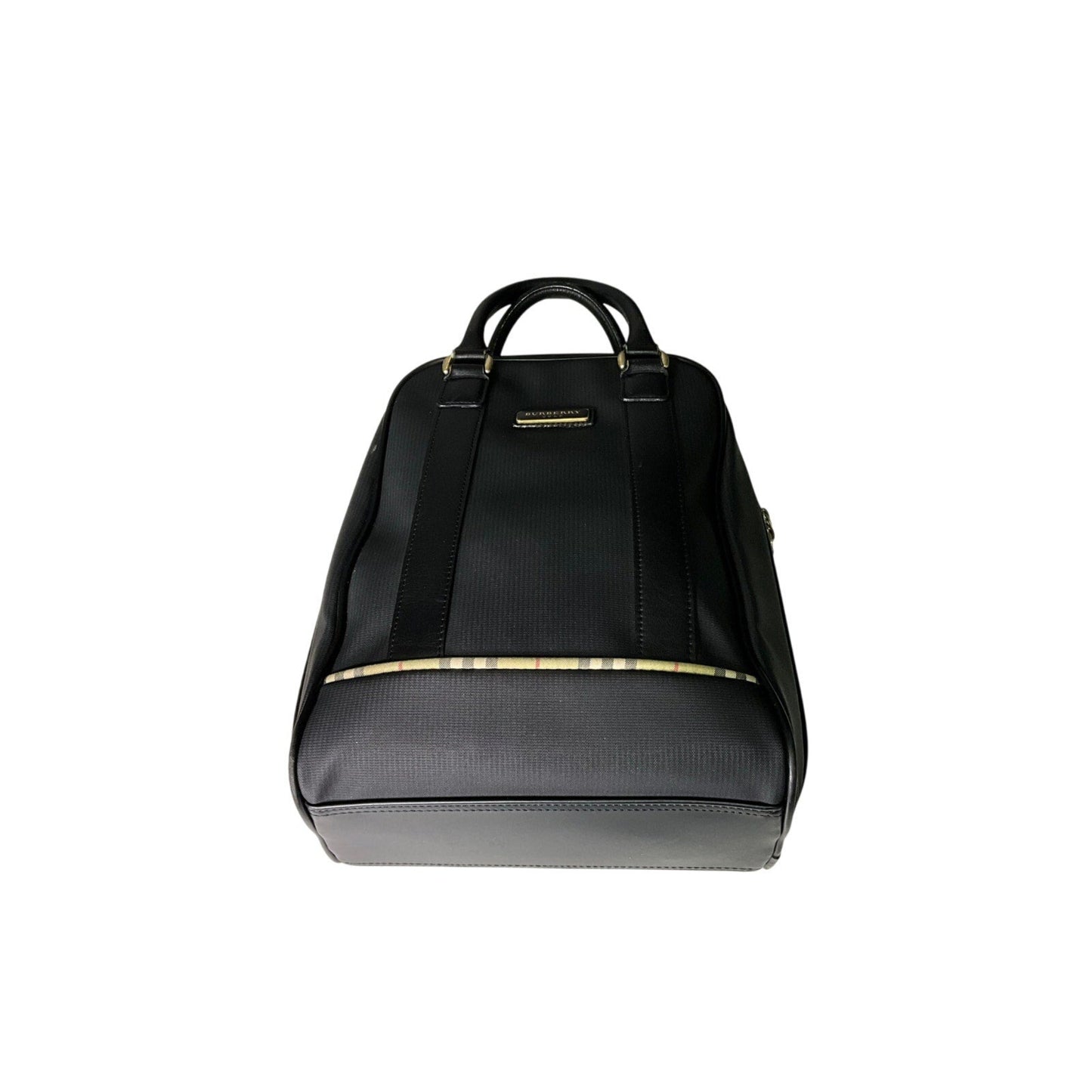 Black backpack with gold accents on a white background
