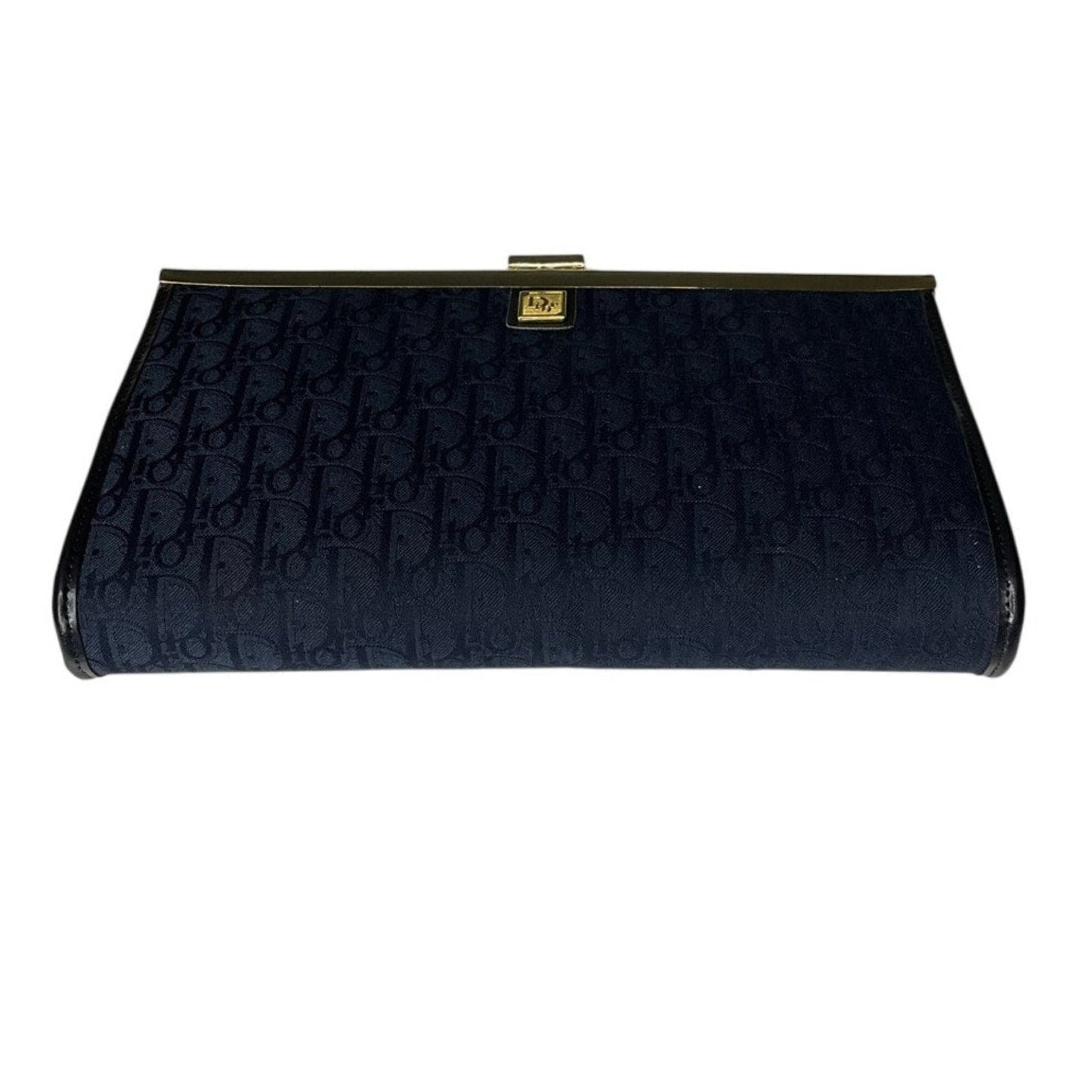 Black clutch bag with gold clasp on a white background