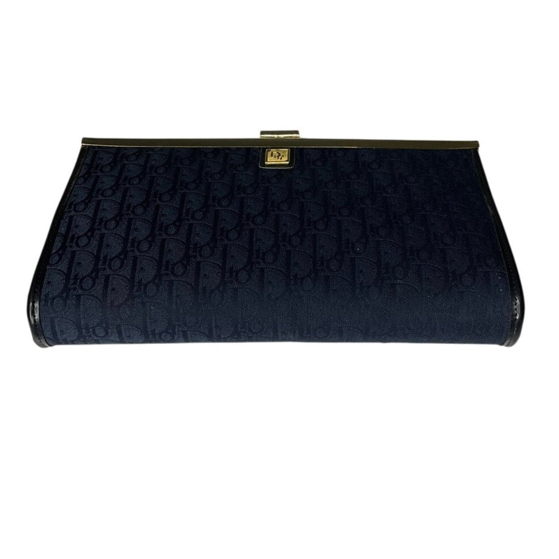 Black clutch bag with gold clasp on a white background