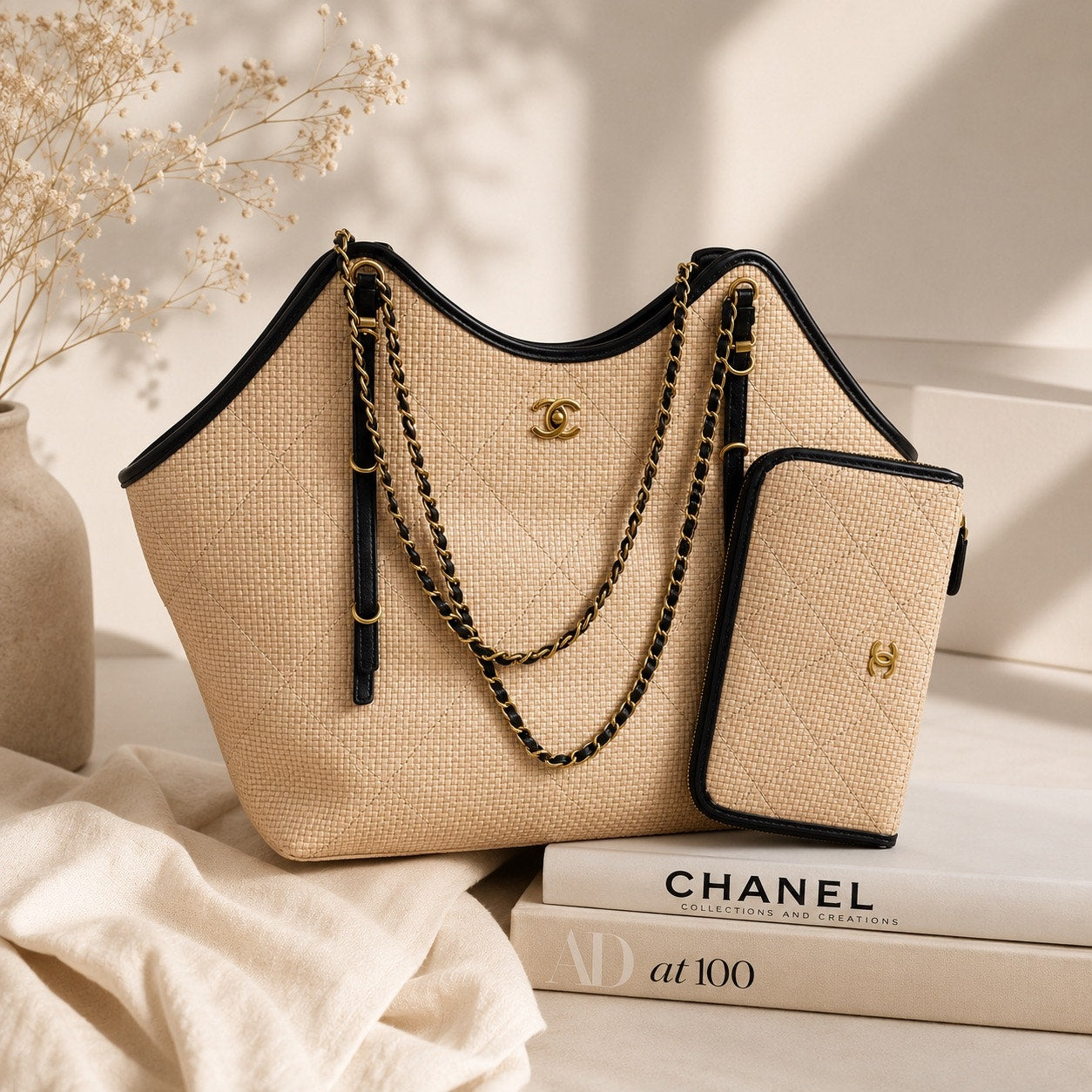 Chanel GWP Straw Woven Tote with Matching Pouch
