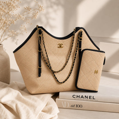 Chanel GWP Straw Woven Tote with Matching Pouch